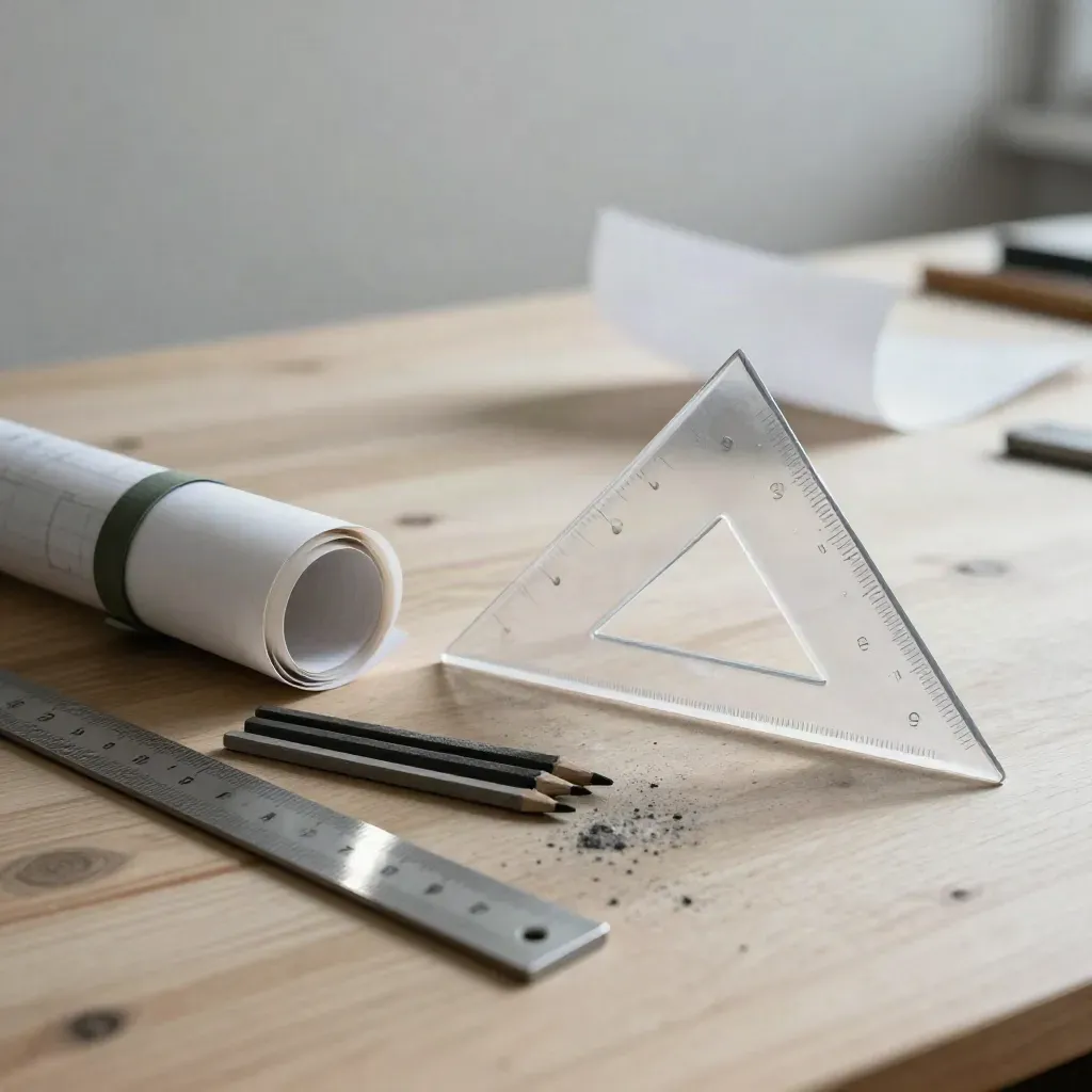 Architectural drafting tools on pale wood with a forest-green accent and soft daylight