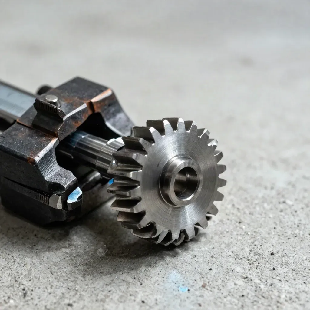 Macro still life of a gear blank, caliper and forge clamp on pale concrete, lit dramatically.
