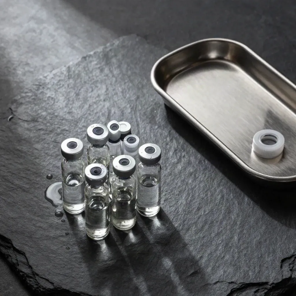 Top-down macro of lab vials, sample tray and reagent cap on brushed stone.
