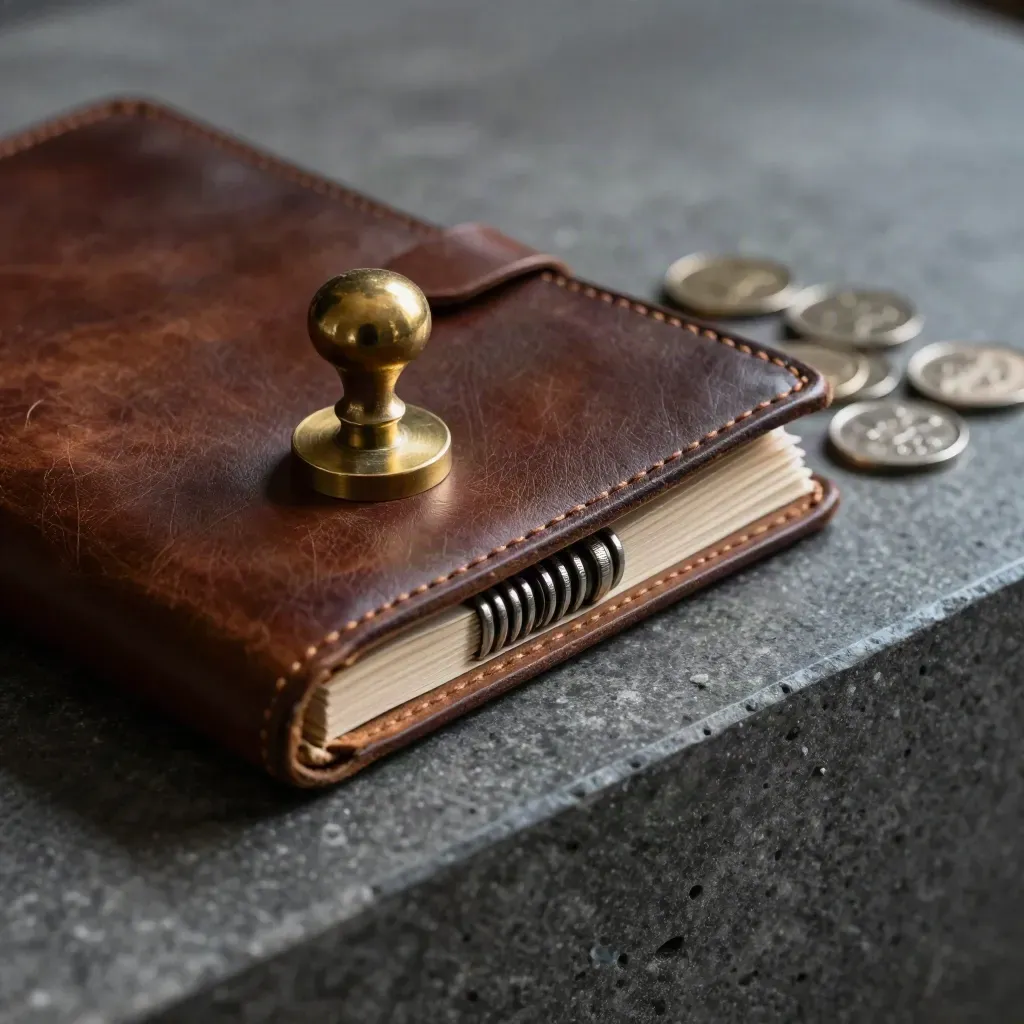 Leather ledger, brass seal stamp and dark metal tokens on slate, lit by raking side light.