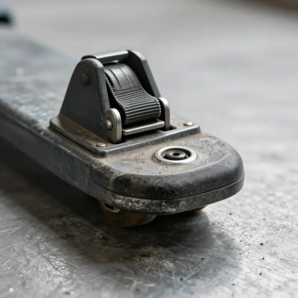 Top-down macro of pallet jack parts, a strap buckle and corner guard on cool grey metal.