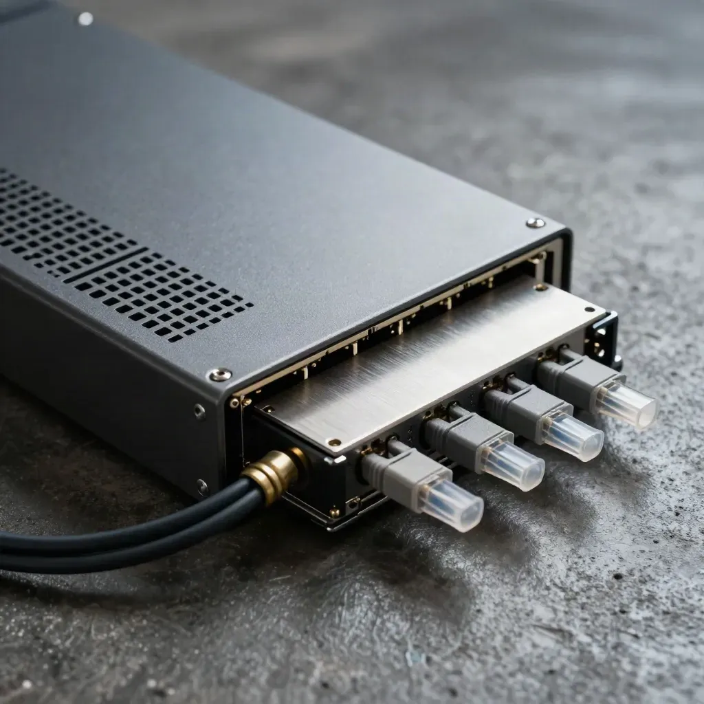 Switch chassis with SSD caddies and fibre leads on dark concrete, lit dramatically.