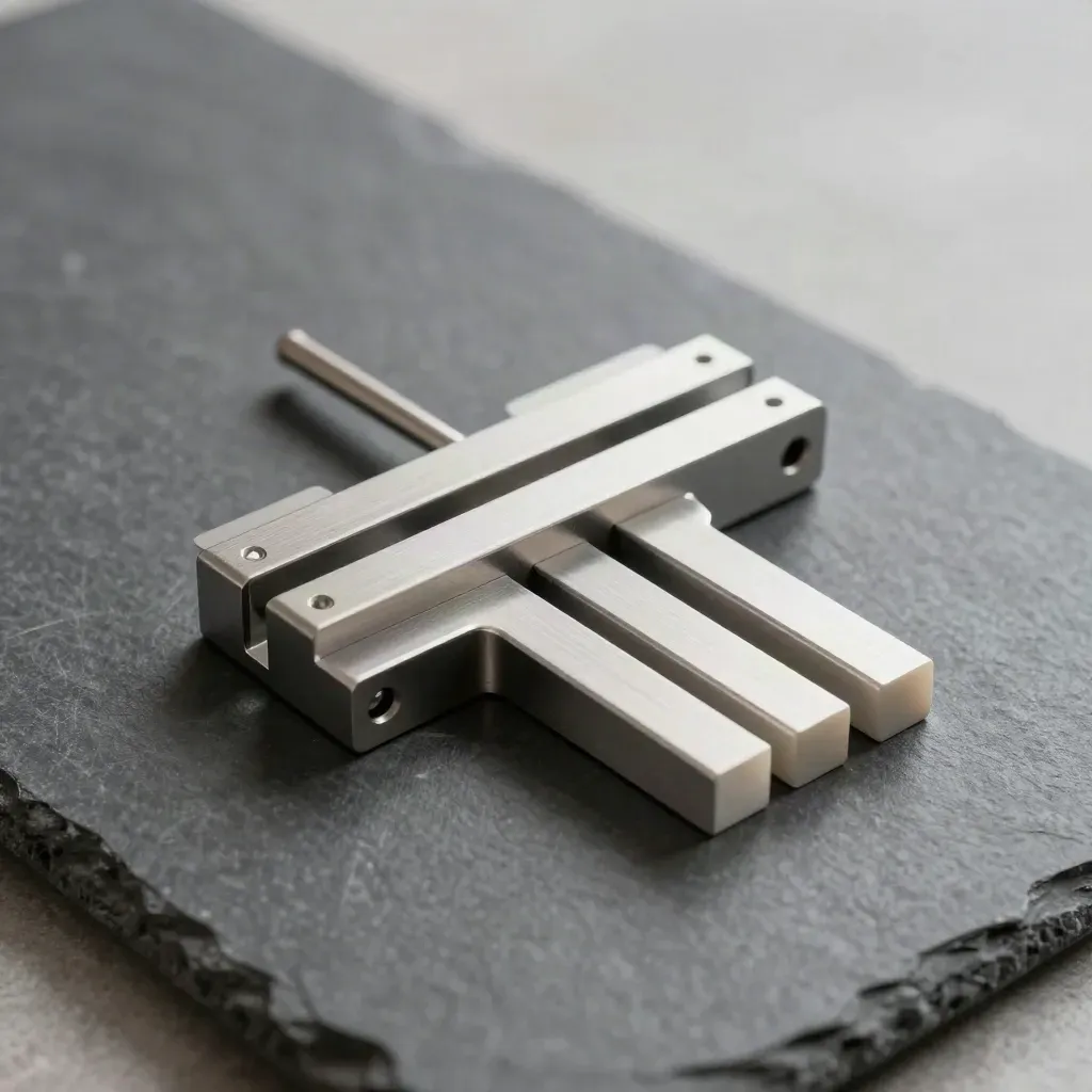 Brushed-metal server rails, alignment pin and spacer blocks on graphite stone, shot in tight overhead macro.