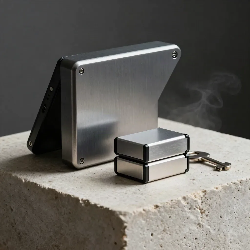Backup drive dock, two cartridges, and a locking key on pale stone in dramatic studio light.
