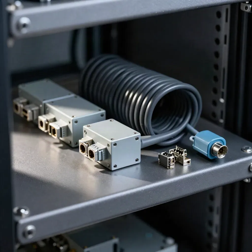 Compact rack sensor, relay block and dark cable coil on graphite metal in raking light.
