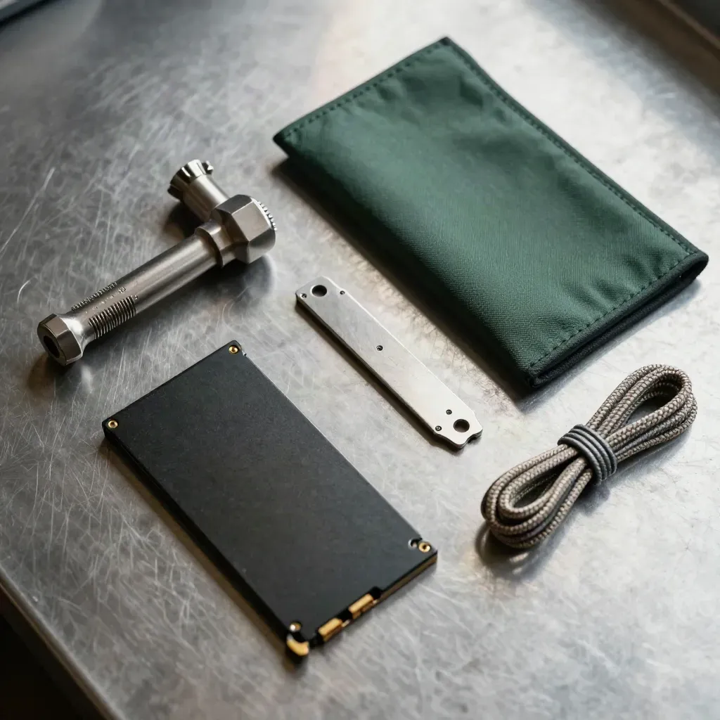 Top-down DevOps support still life with Torx drivers, SSD tray, pouch and patch lead bundle.