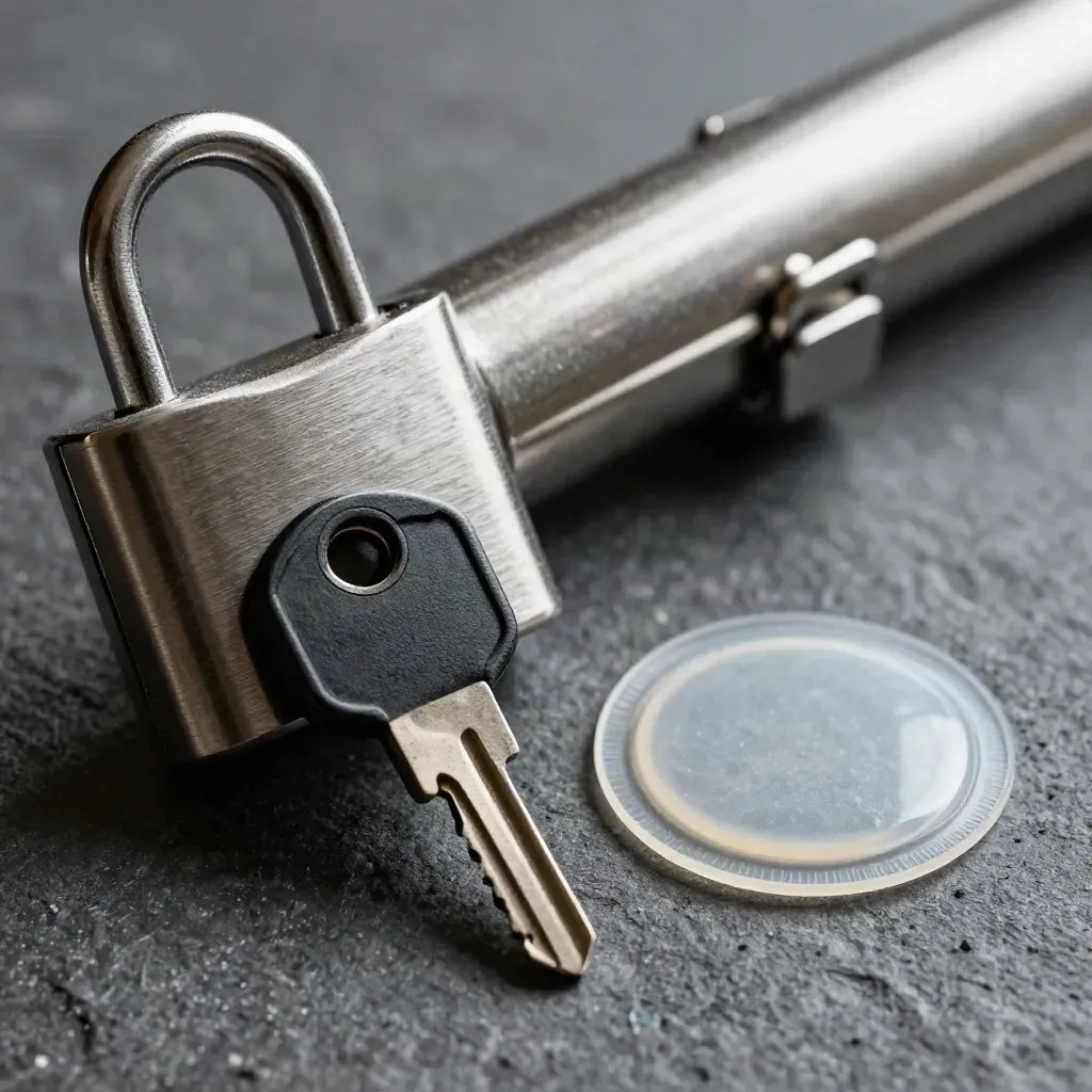 Macro still life of a rack lock, security key, and tamper seal on graphite stone.