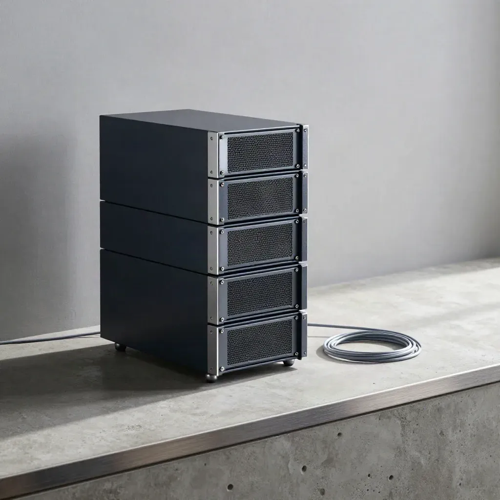 Modular server caddies, a spare storage module, and a looped fibre lead on concrete.