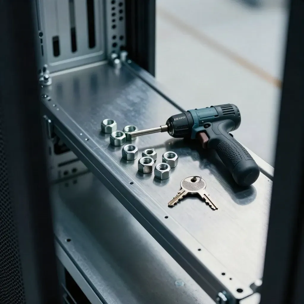 Rack rail kit, cage nuts, torque driver and cabinet key on a metal shelf in moody workshop light.
