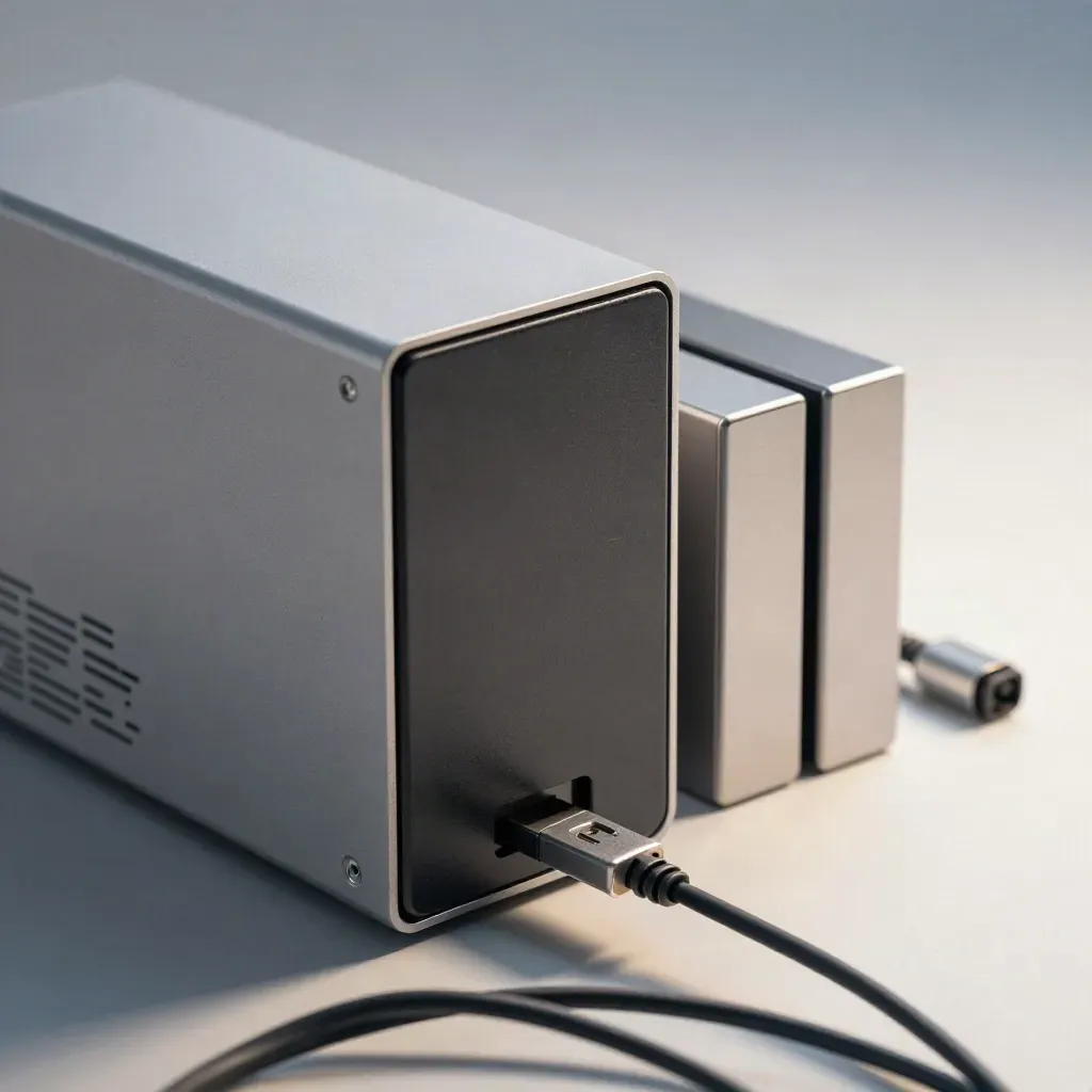 NAS enclosure, two SSDs and braided adapters on brushed aluminium, lit from the side