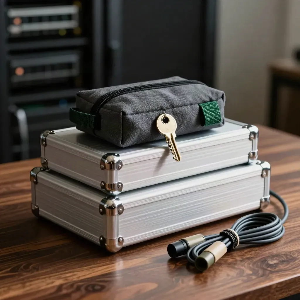 Sealed drive cases, patch leads and a backup pouch on a dark studio surface.