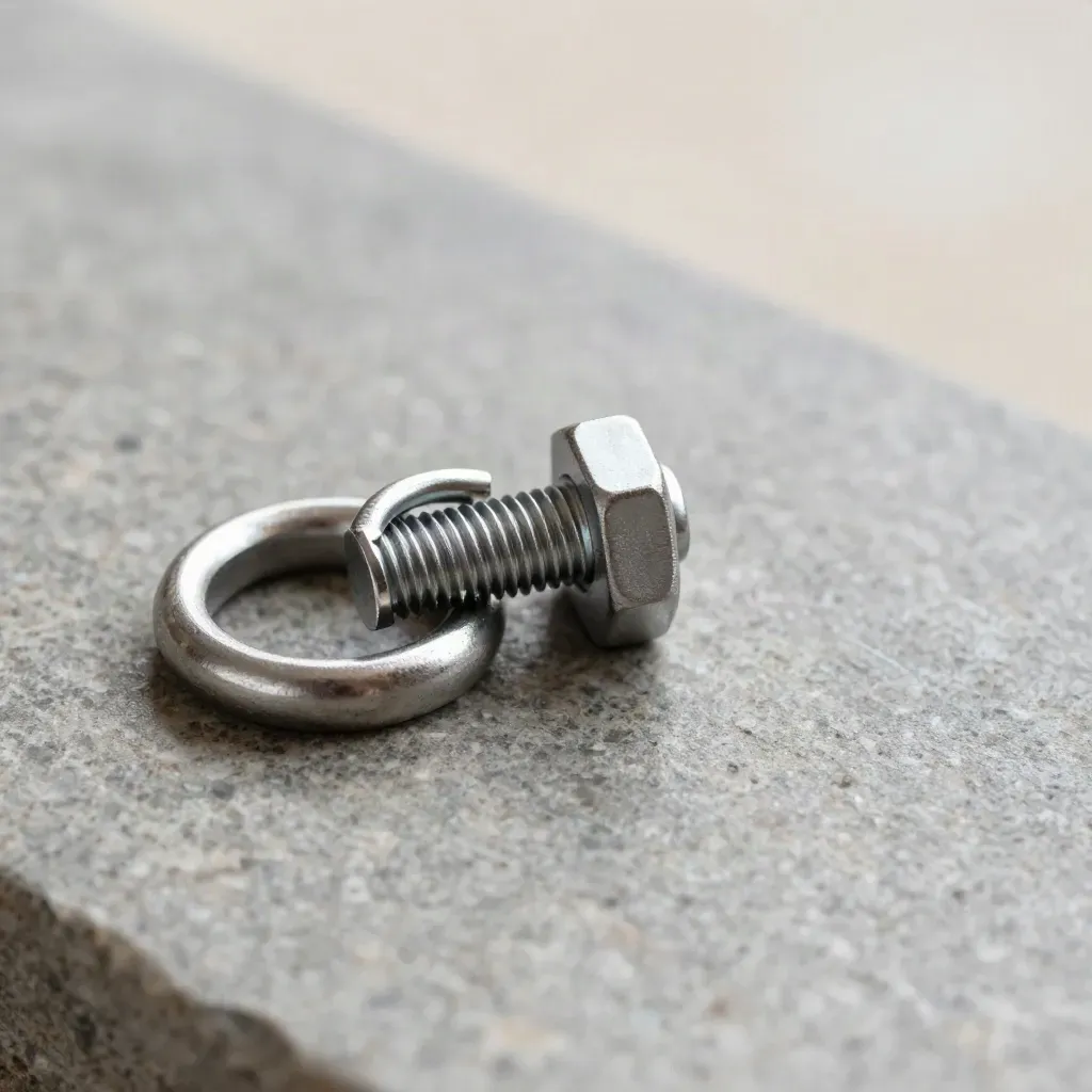 Macro still life of interlocking steel rings, a hex bolt, and a connector block on brushed stone.
