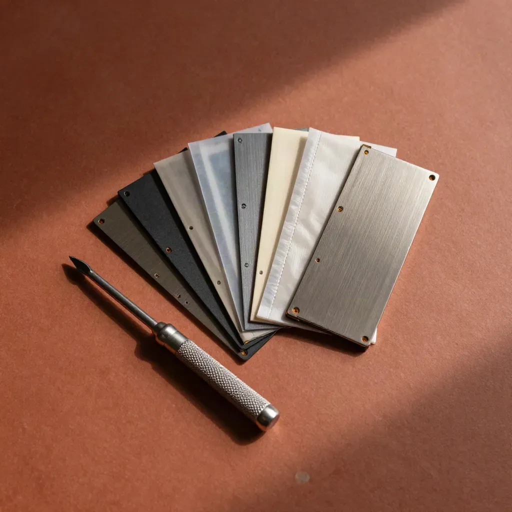 Top-down macro of SSD trays, anti-static sleeves and a precision screwdriver set on terracotta clay.
