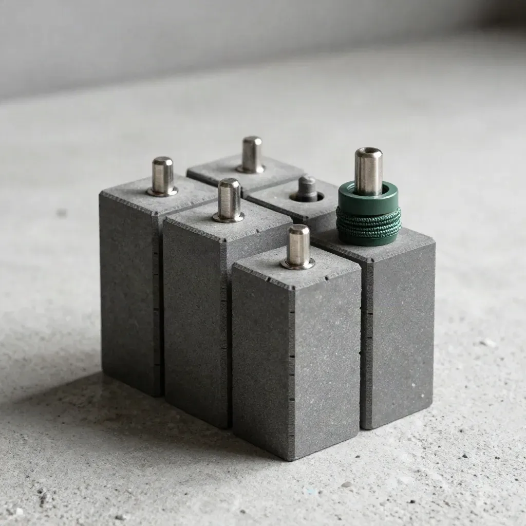 Graphite blocks, alignment pins and a braided connector on pale concrete with a green accent.