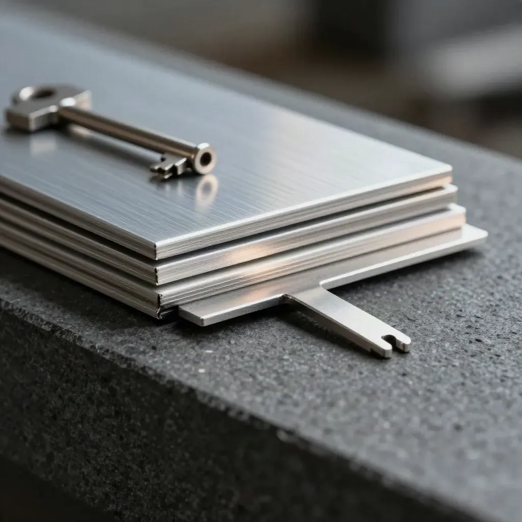 Graphite anodised plates, locating pegs and a modular bridge piece on a dark stone surface.