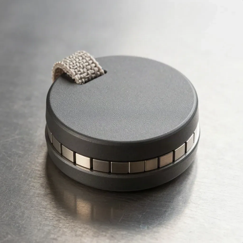 Top-down still life of a sensor puck, braided patch loops and metal spacers on brushed aluminium.