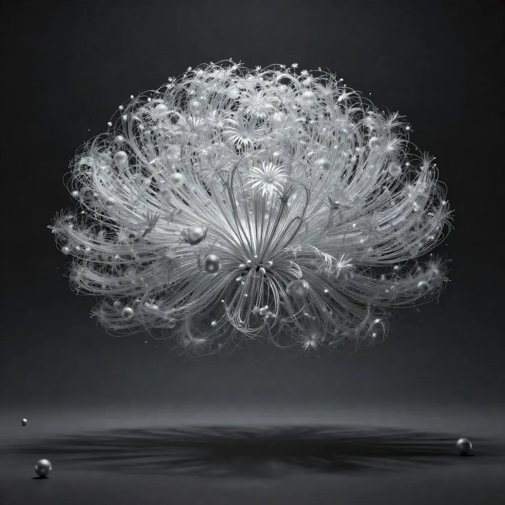 Silver filaments converge into a soft off-centre bloom in graphite haze with calm copy space.